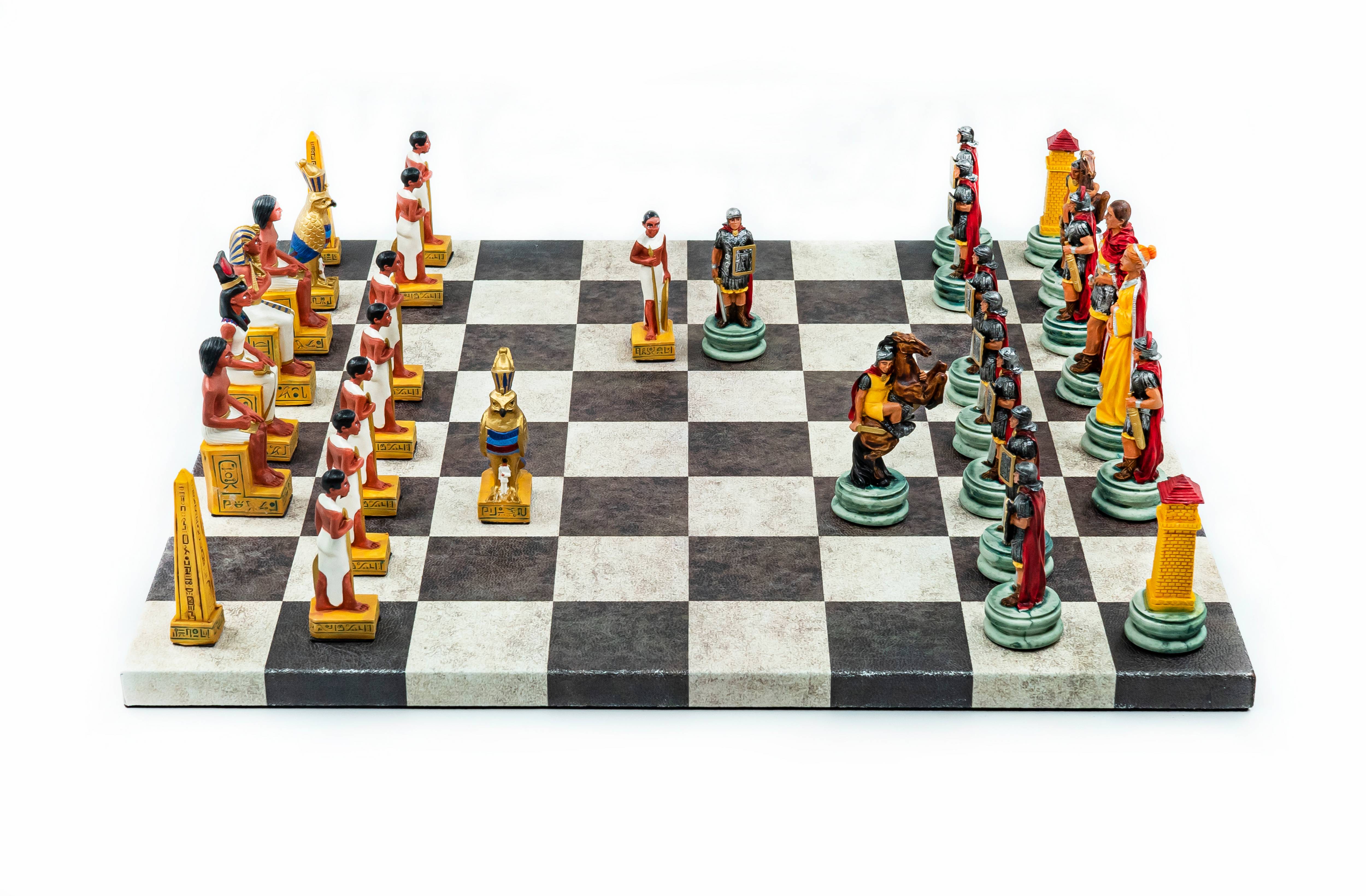 Roman vs Egyptian Chess Set | Handpainted Historical Figures | Leather Board – 36 cm (14 inch)