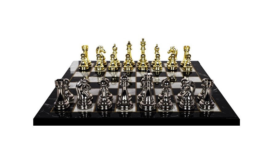 Metal Classic Chess Set |Wooden Board Marble/Walnut/Mosaic Pattern – 37 cm (14.5 inch)