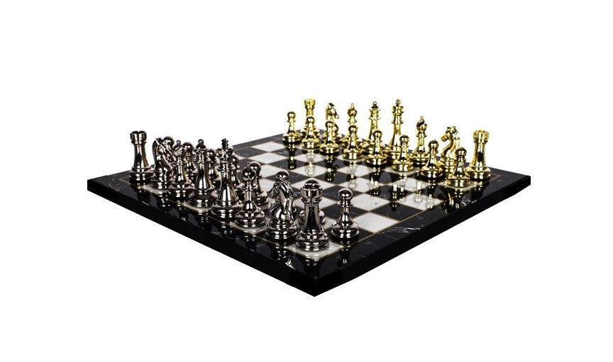 Metal Classic Chess Set |Wooden Board Marble/Walnut/Mosaic Pattern – 37 cm (14.5 inch)