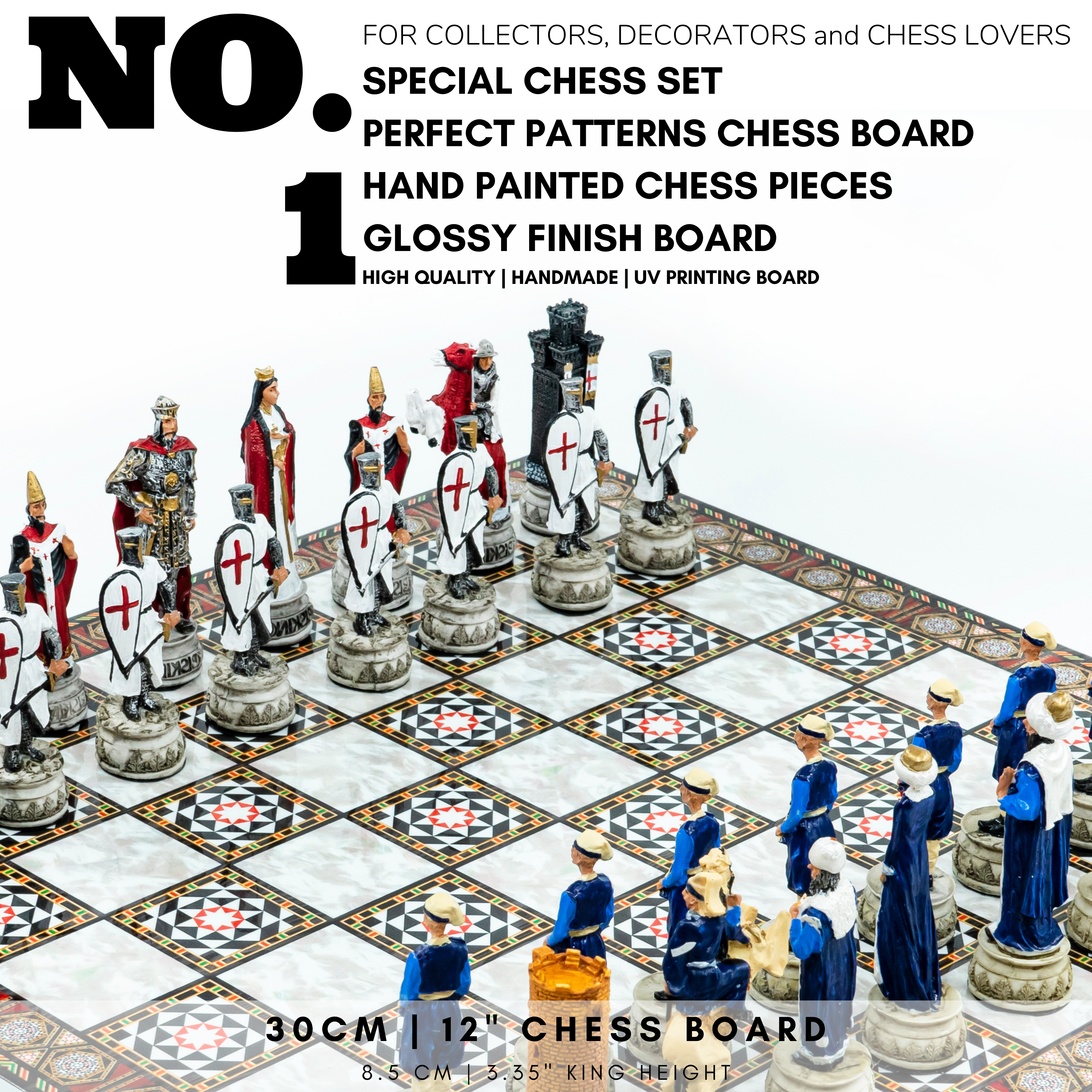 Ottoman vs British Chess Set | Handpainted Historical Figures | Marble/Walnut/Mosaic Pattern – 30 cm (12 inch)